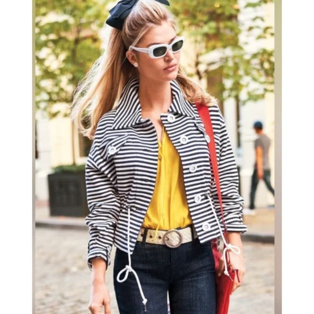CAbi #5654 Women Medium Blue/White Nautical Striped Harbor Jacket Drawstring S - Picture 2 of 13